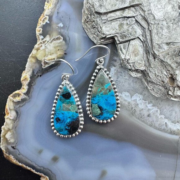Sterling Southwestern Style Teardrop Shattuckite Dangle Earrings For Women - Picture 2 of 10
